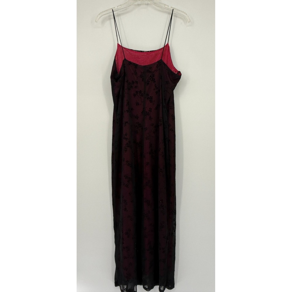 DBY Ltd Y2K Hot Pink Glitter Mesh Maxi Slip Dress Black Flocked Floral Goth Prom - Picture 3 of 9